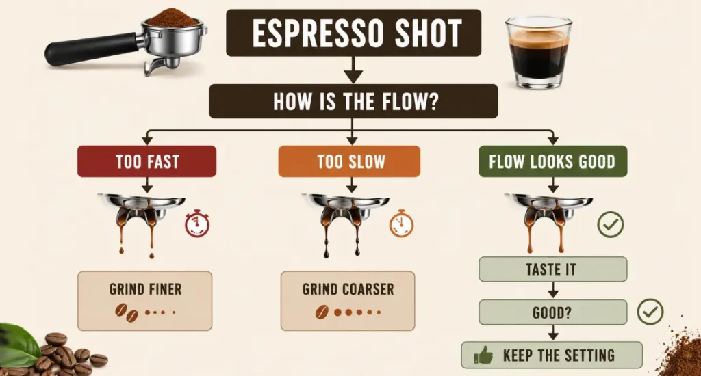 How to Adjust Espresso Grind Size: A Practical Dial-In Guide 5 Espresso grind adjustment decision tree showing when to grind finer or coarser