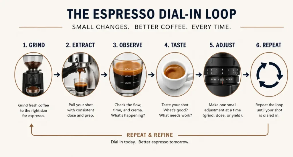 Espresso Grind Size: How to Choose the Right Grind for Better Shots 6 Espresso grind dial-in workflow showing grind, extraction, observation, tasting and adjustment Diagram shows the importance of espresso grind size.
