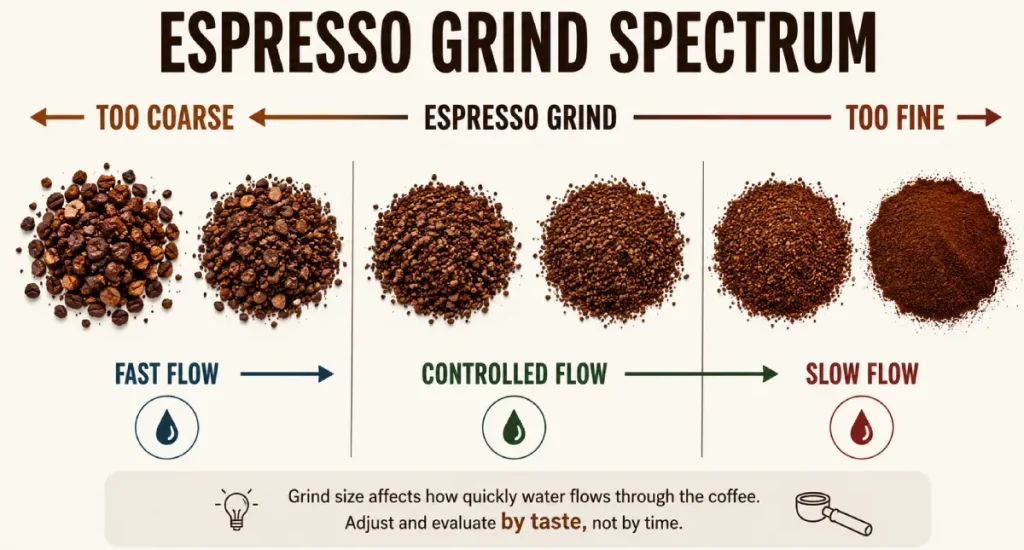 How to Adjust Espresso Grind Size: A Practical Dial-In Guide 4 Espresso grind spectrum showing coarse, controlled, and fine grind relationships with coffee flow