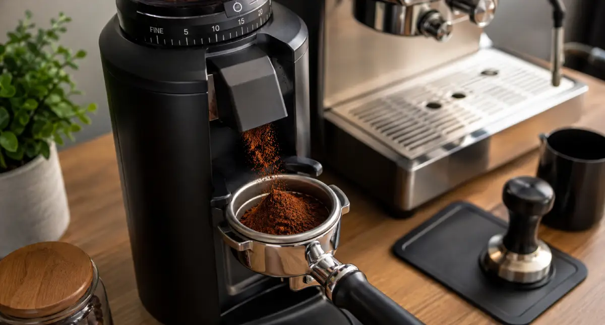 Espresso Grind Size: How to Choose the Right Grind for Better Shots 2 Espresso grinder producing fine coffee grounds for espresso brewing