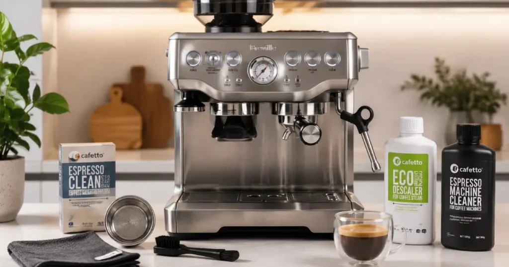 Espresso Machine Cleaning Checklist (2026): Daily, Weekly & Monthly Maintenance Guide 5 Home espresso machine with cleaning tools including a group head brush, microfiber cloth, cleaning powder, and descaling solution.