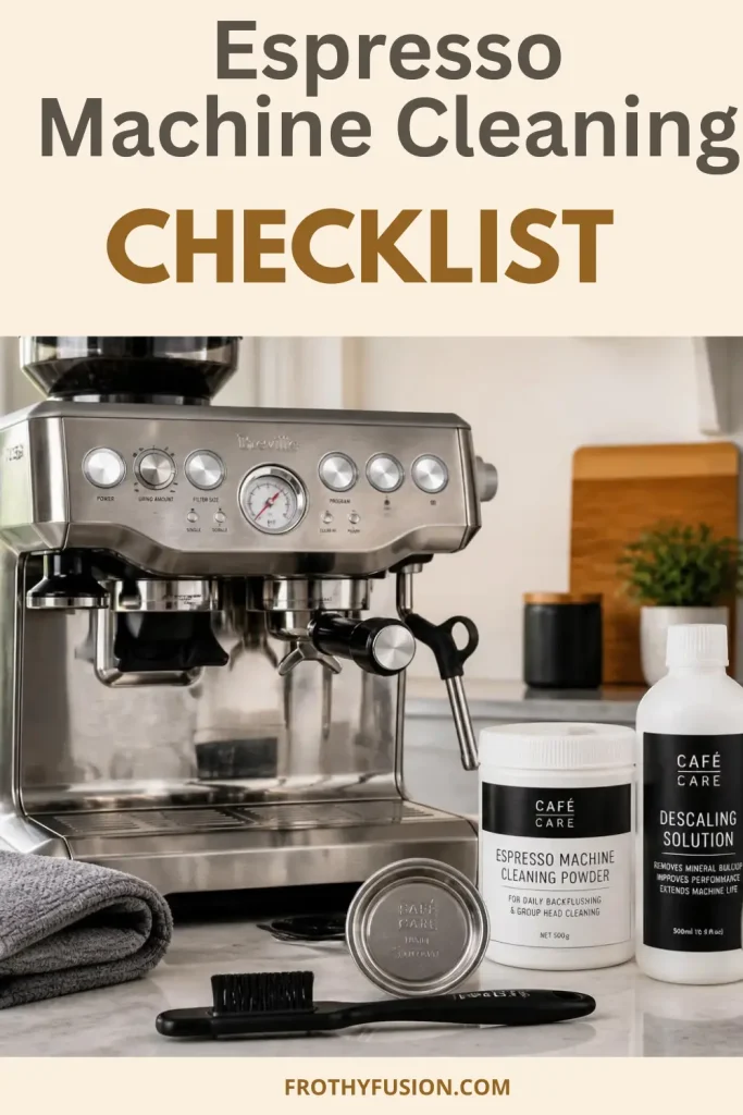 Espresso Machine Cleaning Checklist (2026): Daily, Weekly & Monthly Maintenance Guide 3 Espresso Machine Cleaning Checklist showing the daily, weekly, and monthly cleaning routine for a home espresso machine.