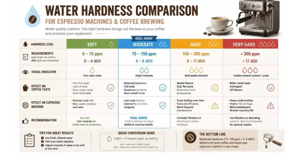 How Often Should You Descale Your Espresso Machine? (Complete 2026 Guide) 4 Water hardness comparison chart showing soft, moderately hard, hard, and very hard water with intervals to Descale Your Espresso Machine