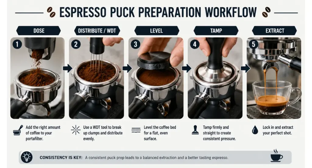 Espresso Distribution: How to Prepare an Even Coffee Puck for Better Extraction 4 Espresso puck preparation workflow showing dosing, WDT distribution, levelling, tamping and extraction