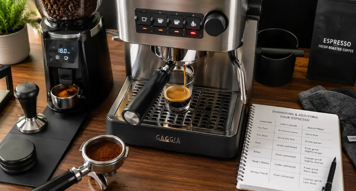 Espresso Troubleshooting: How to Fix Common Espresso Problems 2 Home barista troubleshooting an espresso shot beside an espresso machine and grinder