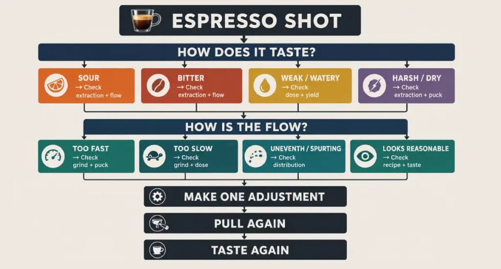Espresso Troubleshooting: How to Fix Common Espresso Problems 5 Espresso troubleshooting decision tree for diagnosing taste and flow problems
