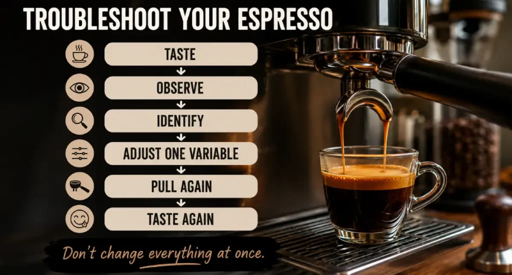 Espresso Troubleshooting: How to Fix Common Espresso Problems 6 Espresso troubleshooting method showing taste, observe, identify, adjust, pull again and taste again