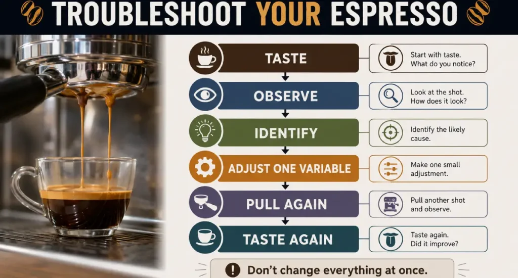 Espresso Troubleshooting: How to Fix Common Espresso Problems 3 Espresso troubleshooting method showing taste, observe, identify, adjust, pull again and taste again