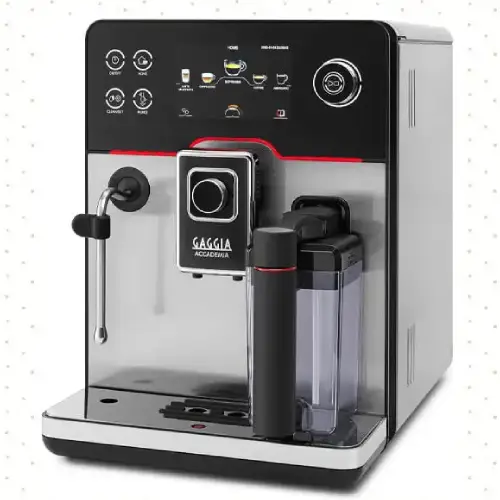 Gaggia Accademia Luxury Italian Fully Automatic Espresso Machine A sleek Gaggia Accademia fully automatic espresso machine with a stainless steel body, digital display, and built-in milk frother.