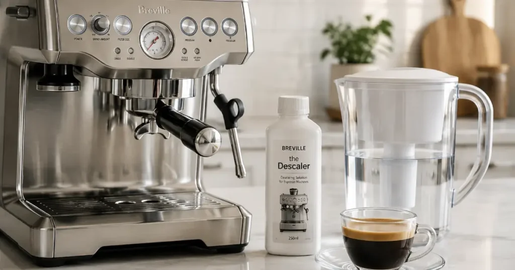 How Often Should You Descale Your Espresso Machine? (Complete 2026 Guide) 4 Premium stainless steel espresso machine beside descaling solution, a reusable water filter pitcher, and a freshly brewed espresso on a bright kitchen countertop.