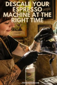 How Often Should You Descale Your Espresso Machine? (Complete 2026 Guide) 3 Premium stainless steel espresso machine beside descaling solution, a reusable water filter pitcher, and a freshly brewed espresso on a bright kitchen countertop to show how to .Descale Your Espresso Machine