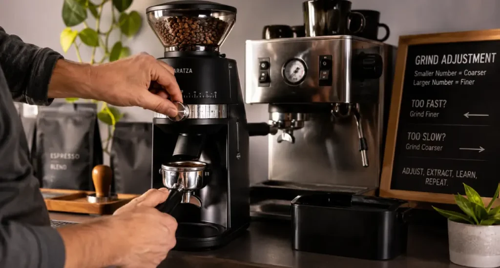 How to Adjust Espresso Grind Size: A Practical Dial-In Guide 4 Home barista adjusting an espresso grinder for the correct grind size