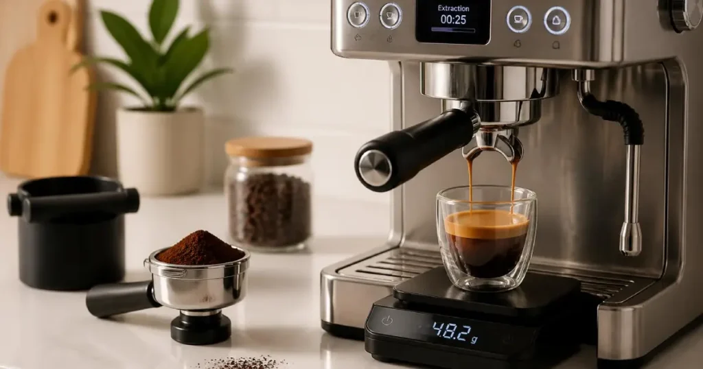How to Make a Triple Shot Espresso: Step-by-Step Guide 2 Triple shot espresso being extracted from an espresso machine into a cup on a digital scale