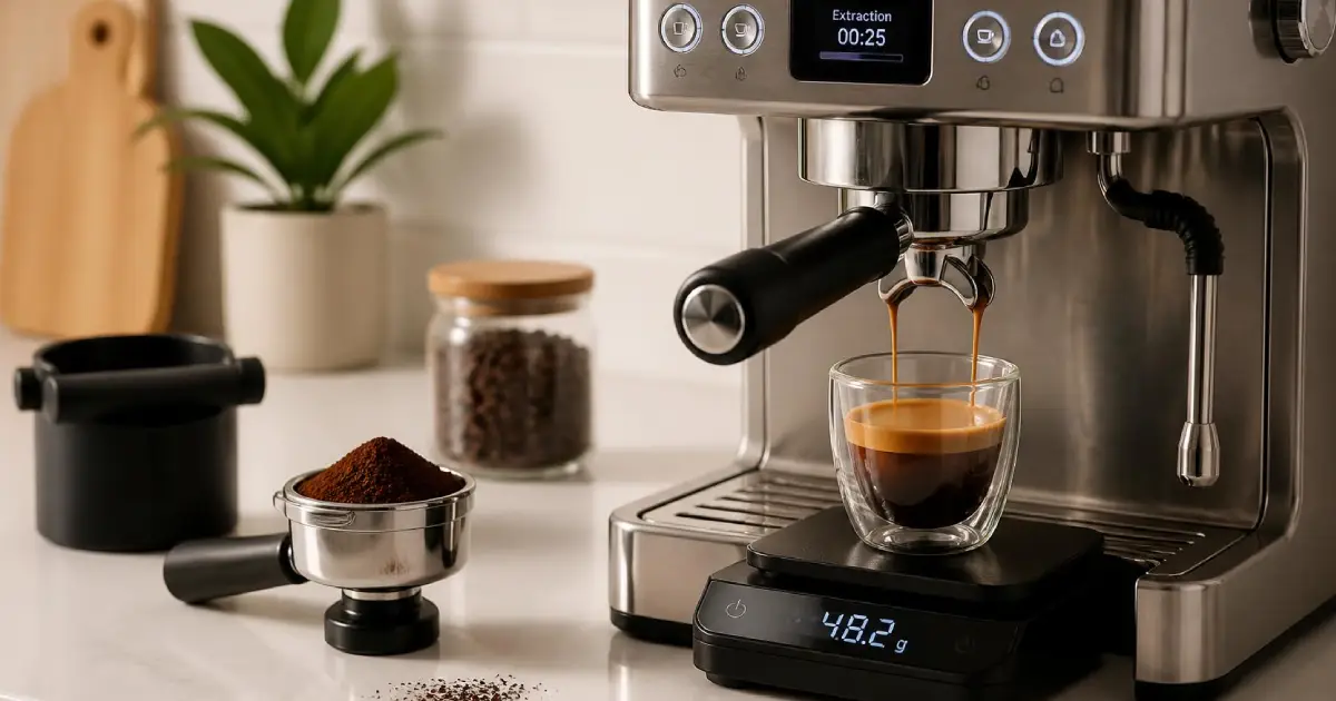 How to Make a Triple Shot Espresso: Step-by-Step Guide 2 Triple shot espresso being extracted from an espresso machine into a cup on a digital scale