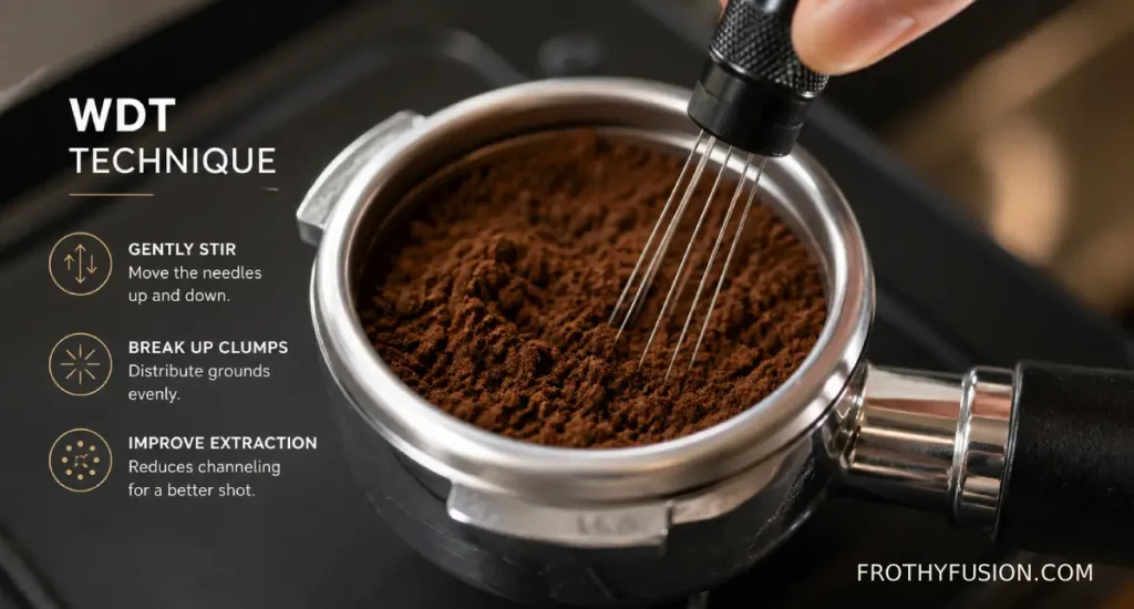 Espresso Distribution: How to Prepare an Even Coffee Puck for Better Extraction 5 WDT tool gently distributing espresso grounds throughout a portafilter basket