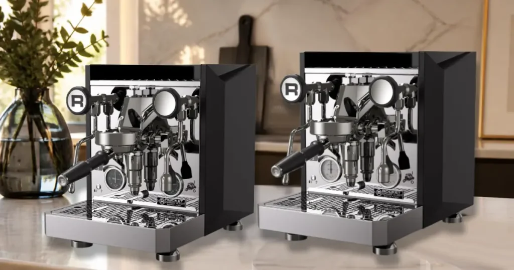 Rocket Giotto Fast Review: R vs V Compared (2026) 6 Rocket Giotto Fast R beside the Rocket Giotto Fast V espresso machine on a modern kitchen bench, comparing both premium Italian home espresso machines.