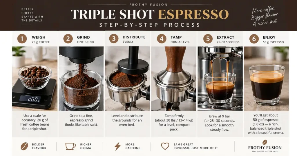 How to Make a Triple Shot Espresso: Step-by-Step Guide 4 Steps for making a triple shot espresso from dosing coffee to extracting the espresso