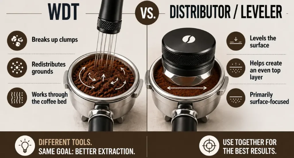Espresso Distribution: How to Prepare an Even Coffee Puck for Better Extraction 6 Comparison of WDT tool and espresso distributor for coffee puck preparation