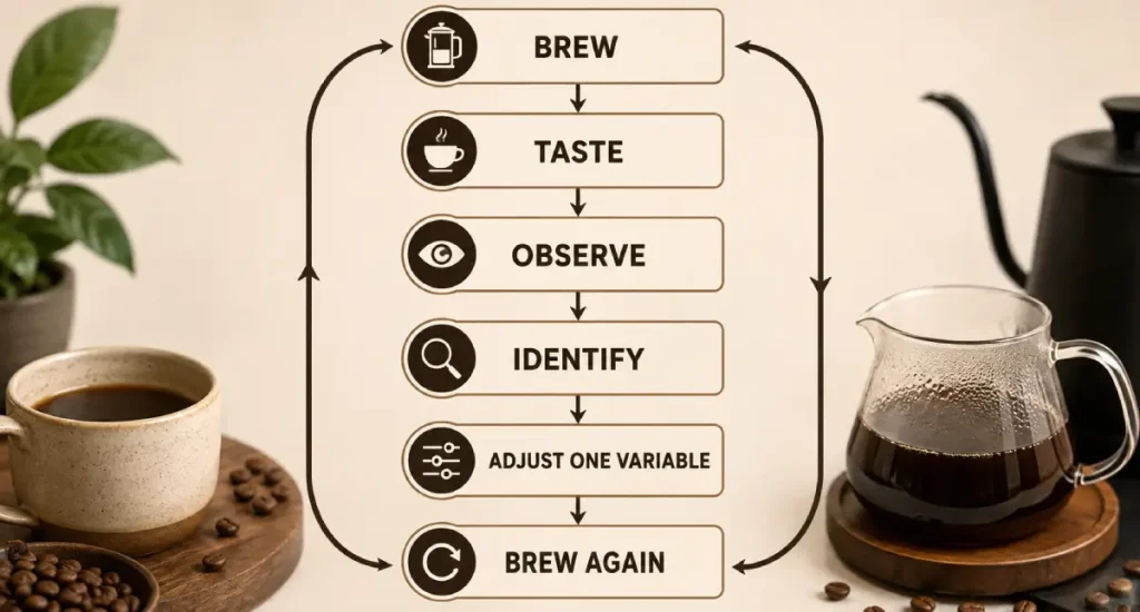 Coffee Brewing Fundamentals: How to Make Better Coffee 4 Coffee Brewing Adjustment loop showing Brew, Taste, Observe, Identify, Adjust One Variable and Brew Again.