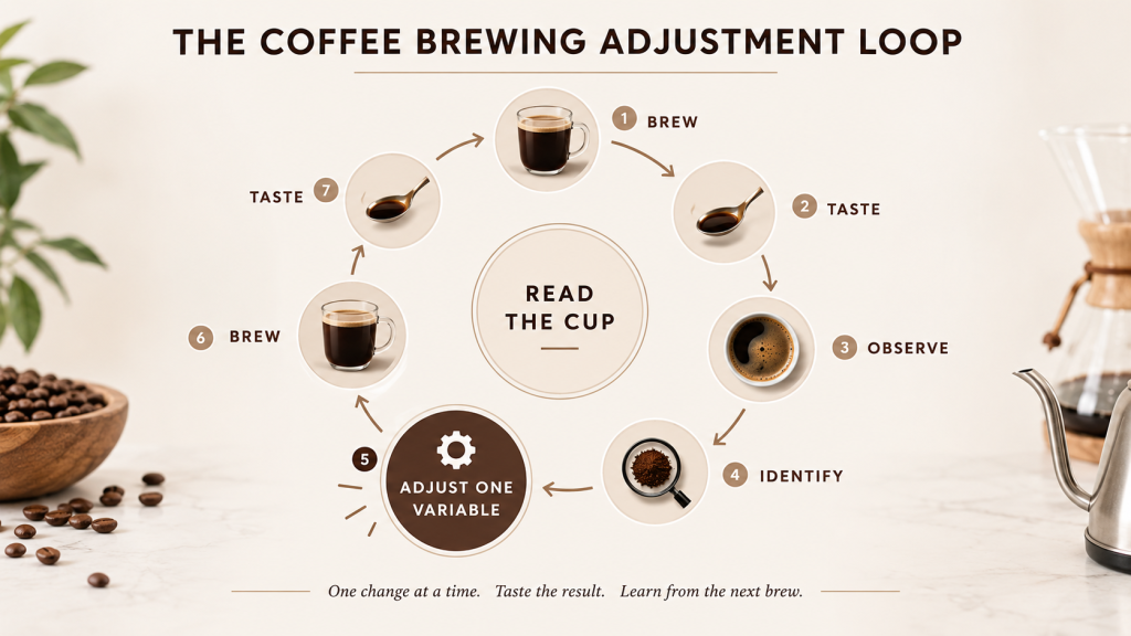 Why Does My Coffee Taste Bad? A Coffee Brewing Troubleshooting Guide 4 Coffee brewing adjustment loop showing brew, taste, observe, identify, adjust one variable, and brew again
