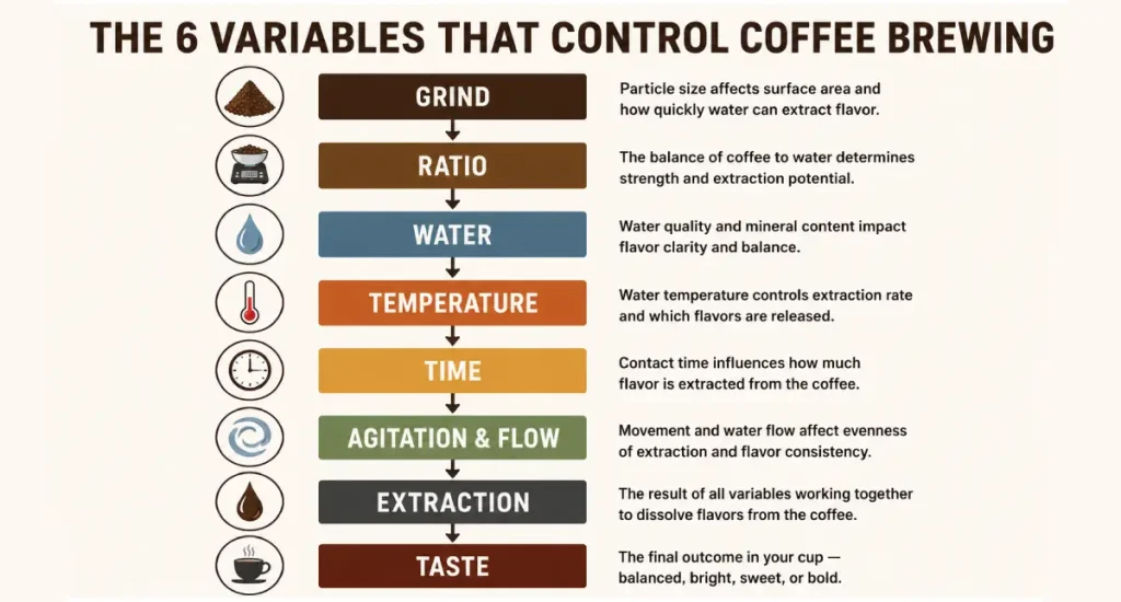 Coffee Brewing Fundamentals: How to Make Better Coffee 3 Six coffee brewing variables including grind size, ratio, water, temperature, time and agitation the complete coffee brewing fundamentals