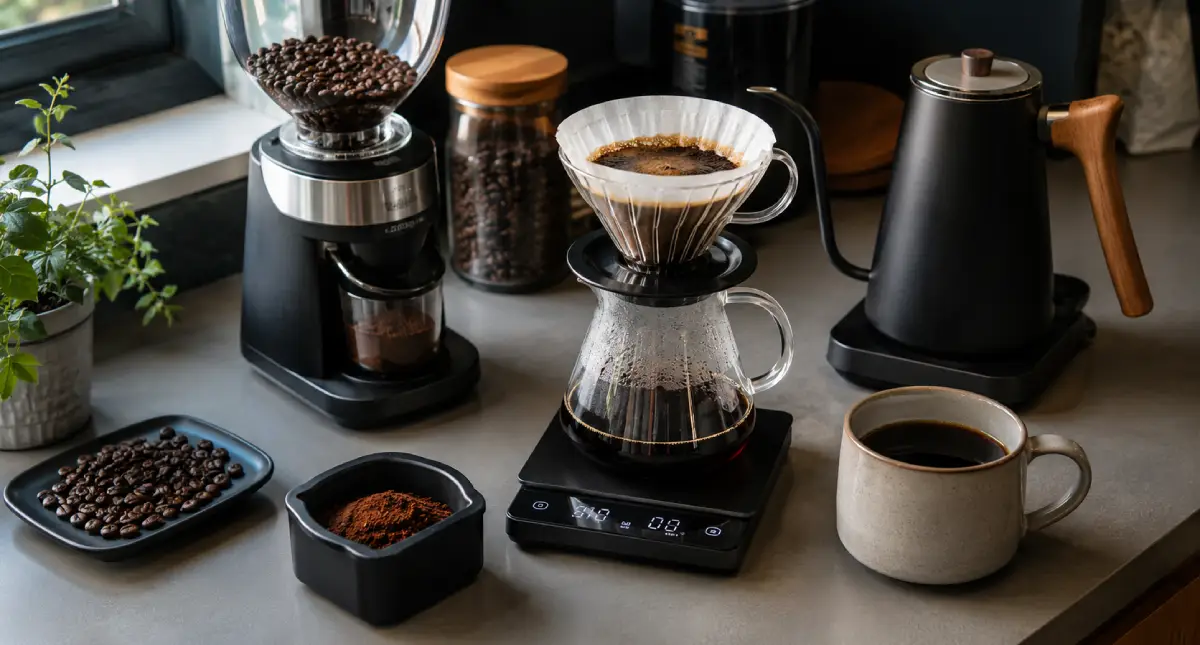 Coffee Brewing Fundamentals: How to Make Better Coffee 2 Coffee brewing setup with grinder, scale, kettle and freshly brewed coffee