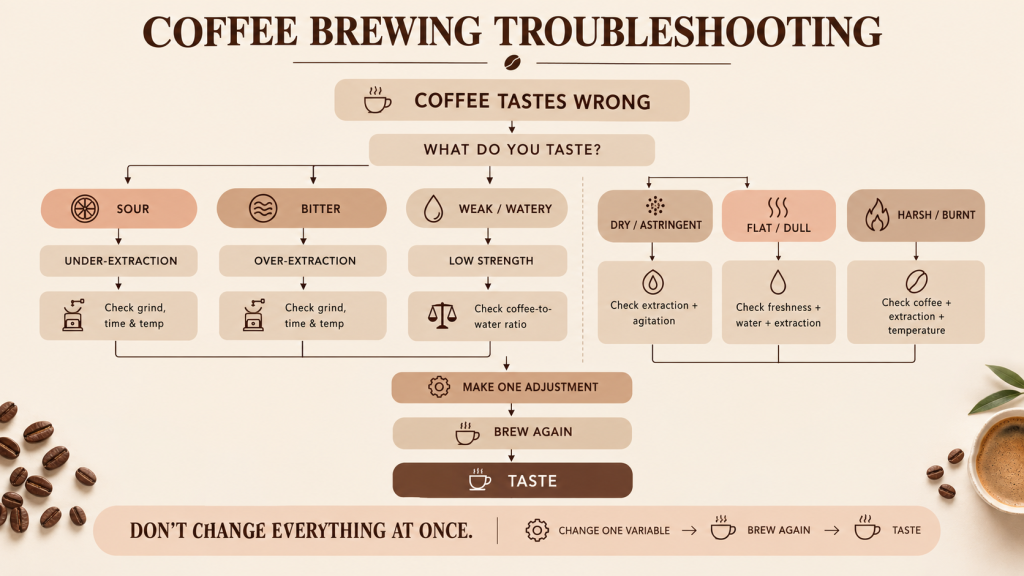 Why Does My Coffee Taste Bad? A Coffee Brewing Troubleshooting Guide 3 Coffee brewing troubleshooting decision tree showing how to diagnose sour, bitter, weak, dry, and flat coffee