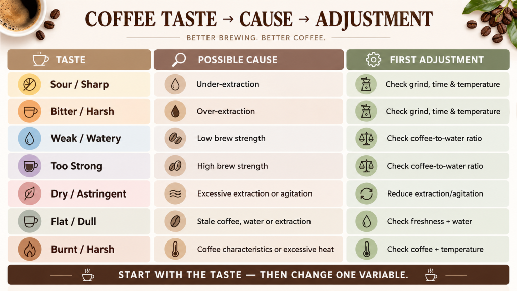 Why Does My Coffee Taste Bad? A Coffee Brewing Troubleshooting Guide 5 Coffee taste troubleshooting chart showing possible causes and first adjustments for sour, bitter, weak, dry, and flat coffee